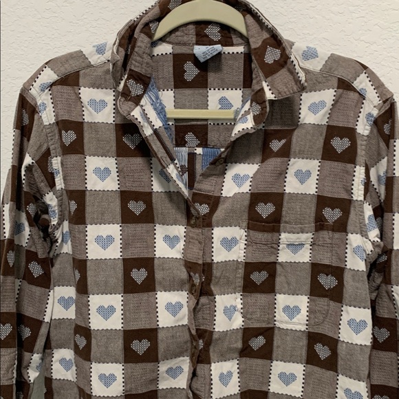 Vintage Cascade Blues Heart Print Checkered Long Sleeve Button Down Shirt - Picture 3 of 7
